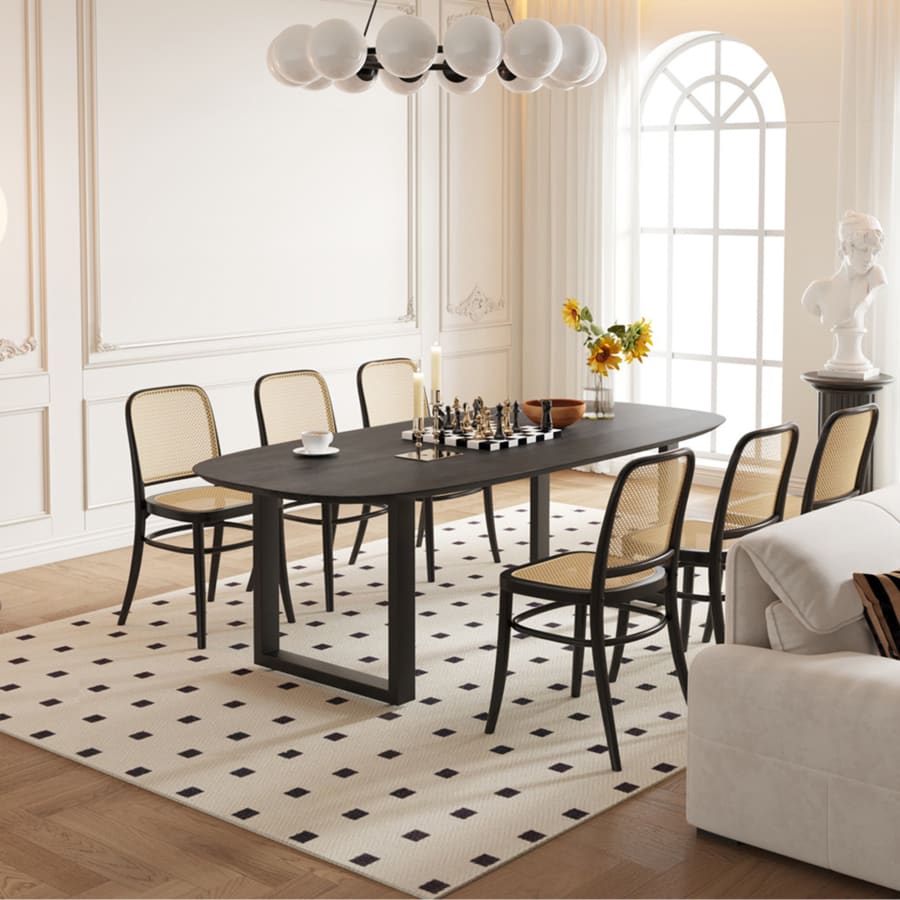 Table &agrave; manger ovale en bois de manguier noir pieds en m&eacute;tal noir 220 cm